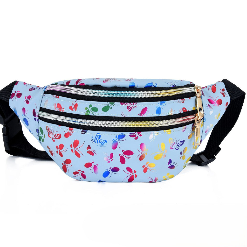 Butterfly Print Double Zip Crossbody Bag - Blue