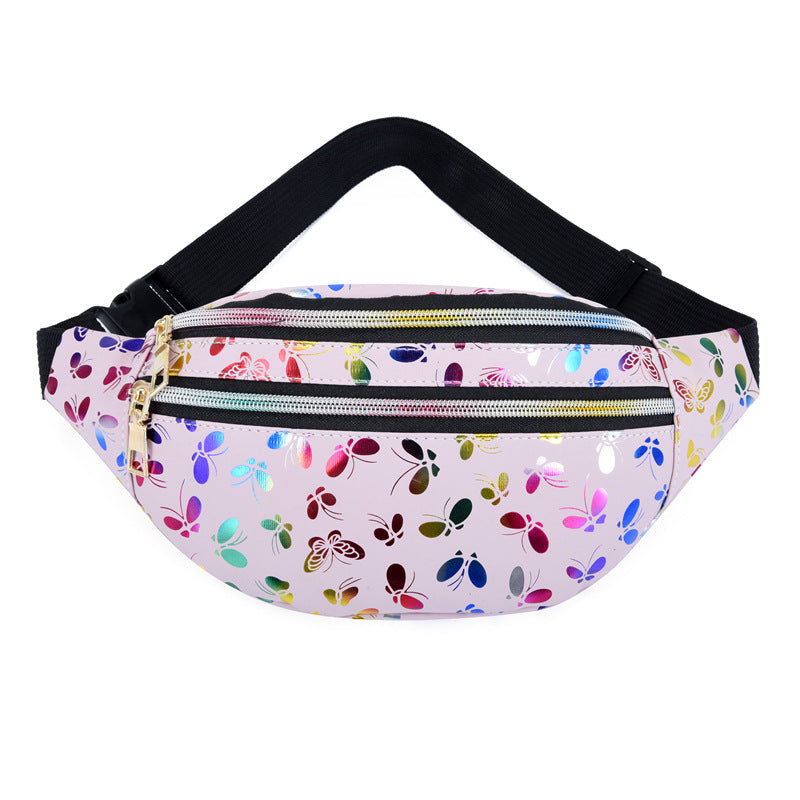 Butterfly Print Double Zip Crossbody Bag - Pink