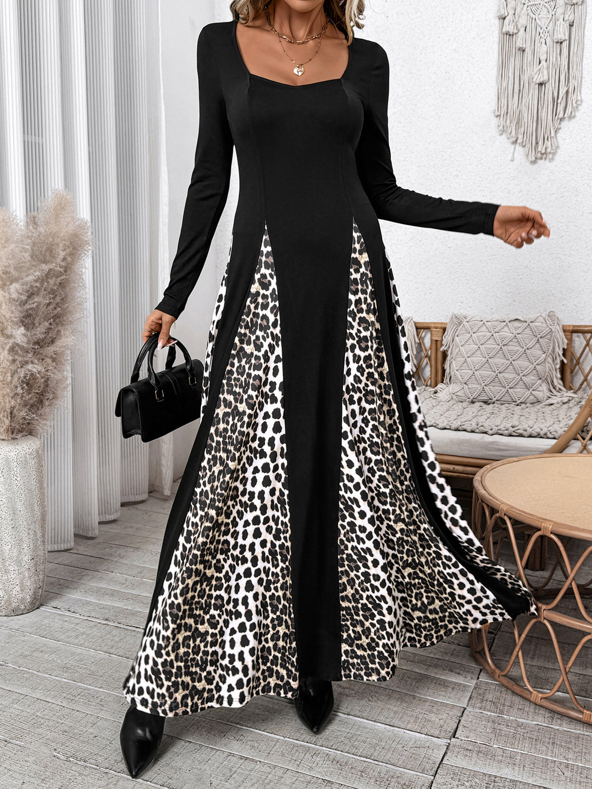 Square Neck Animal Panel Maxi Dress - Black