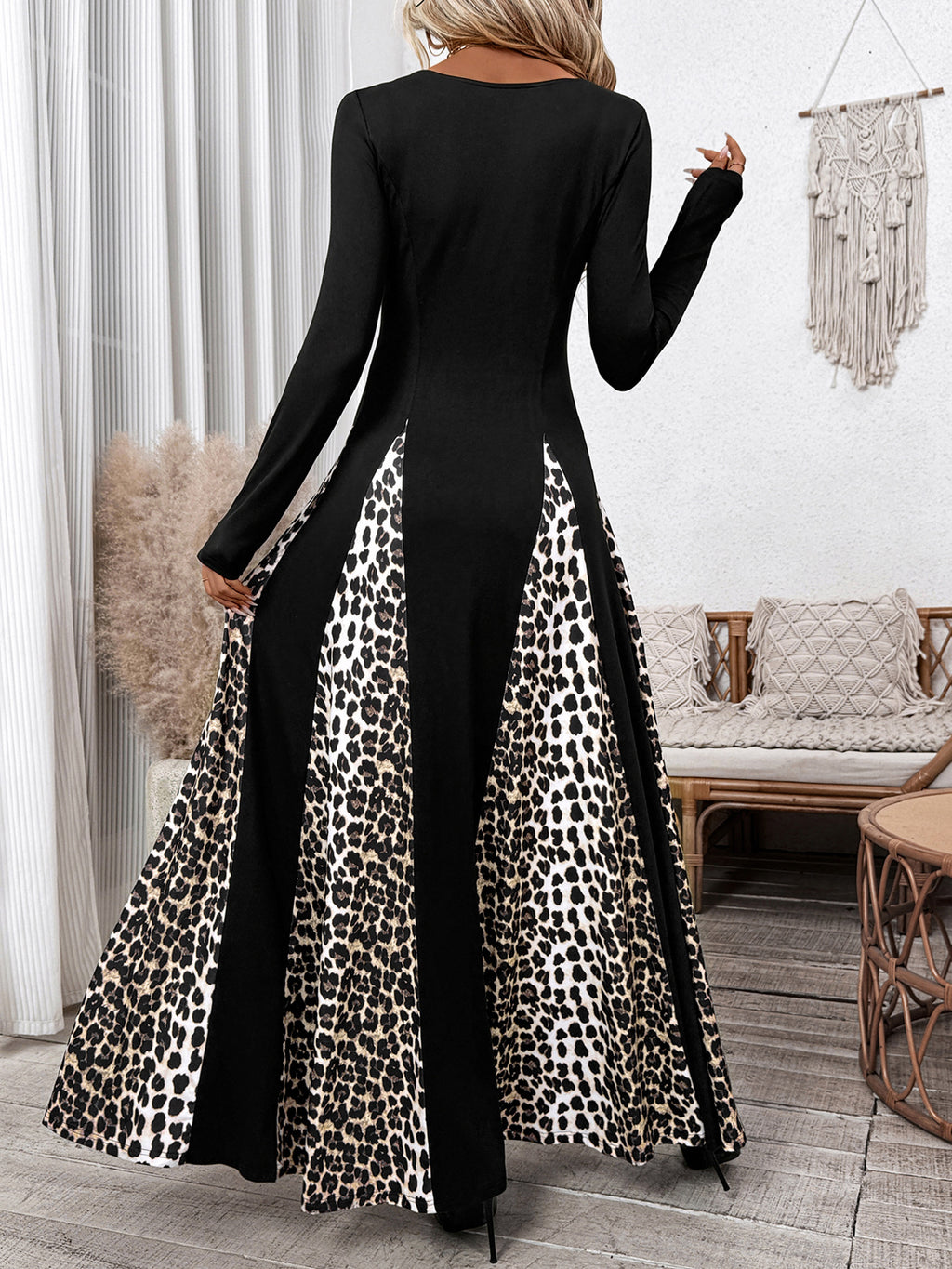 Square Neck Animal Panel Maxi Dress - Black - 1