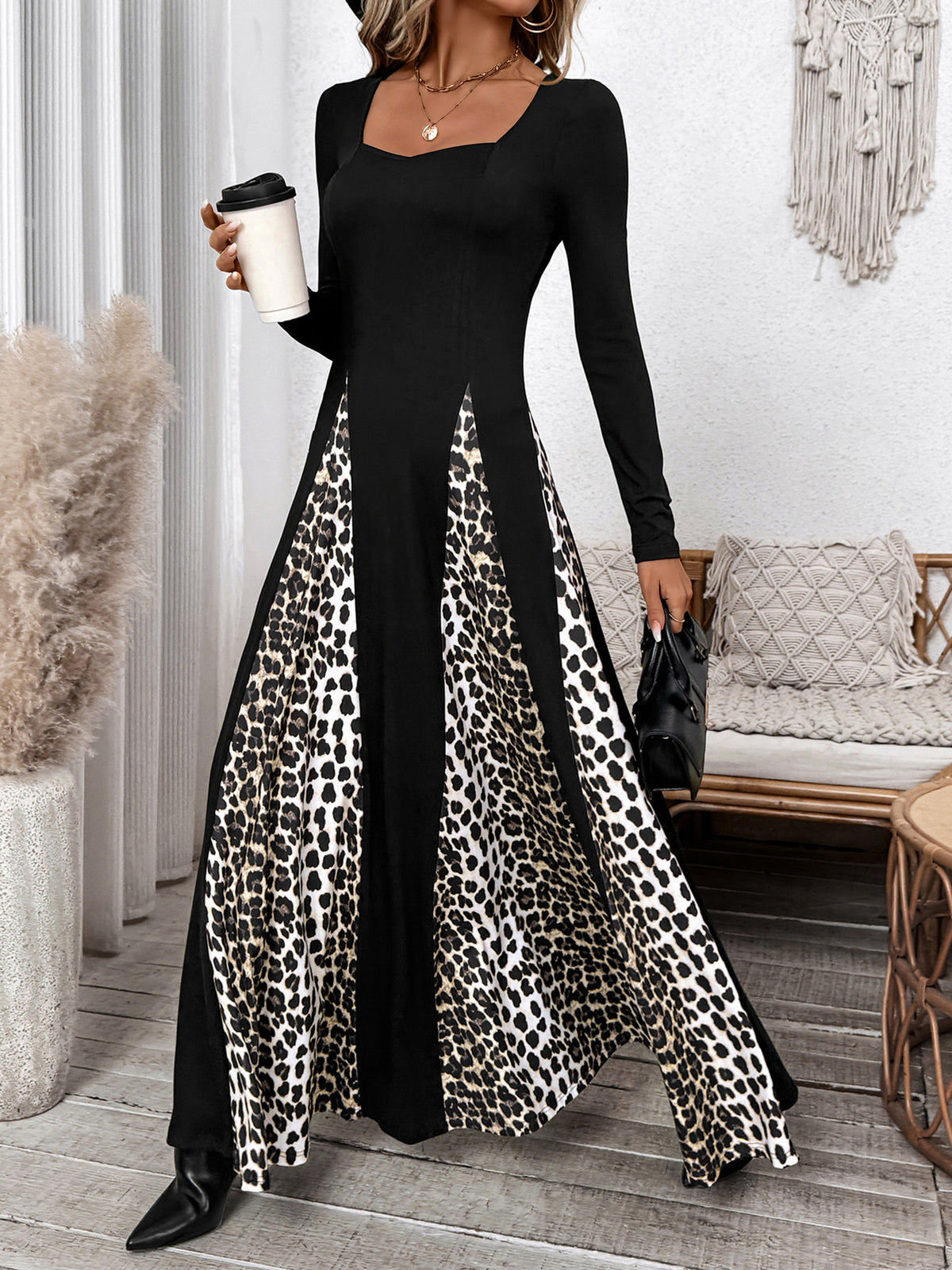 Square Neck Animal Panel Maxi Dress - Black - 2
