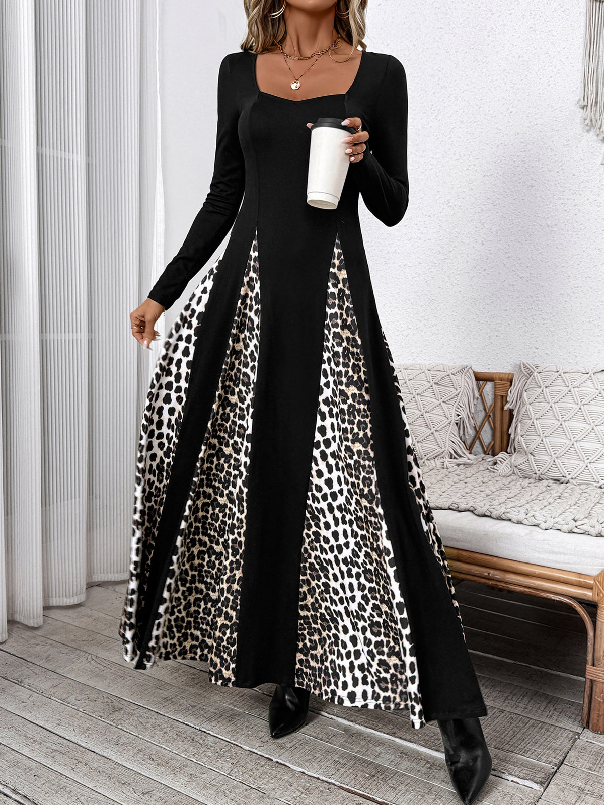 Square Neck Animal Panel Maxi Dress - Black - 3