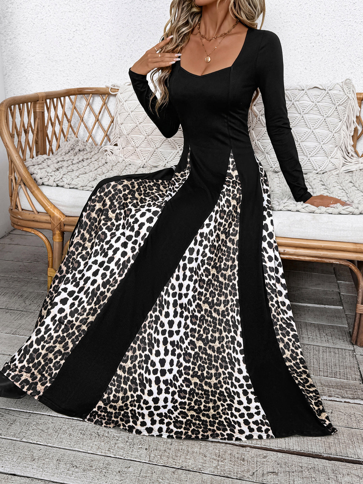 Square Neck Animal Panel Maxi Dress - Black - 4