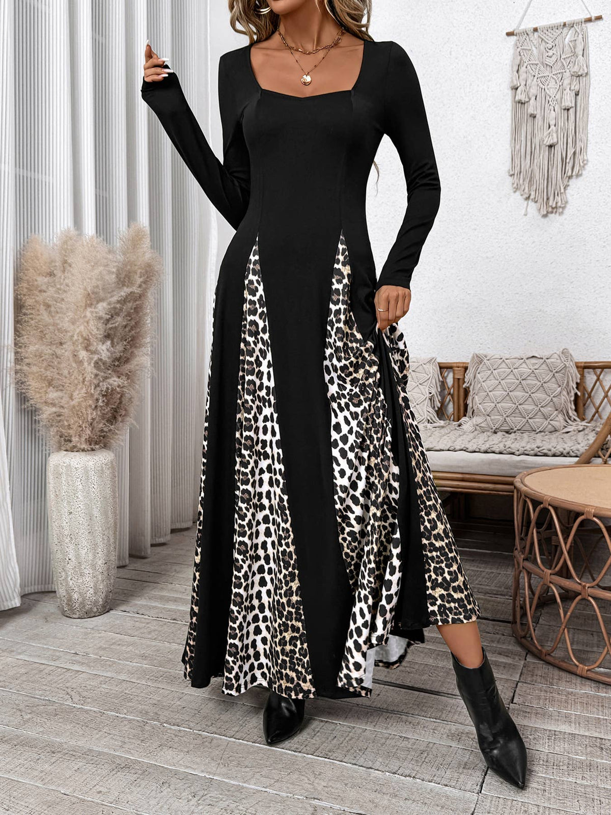 Square Neck Animal Panel Maxi Dress