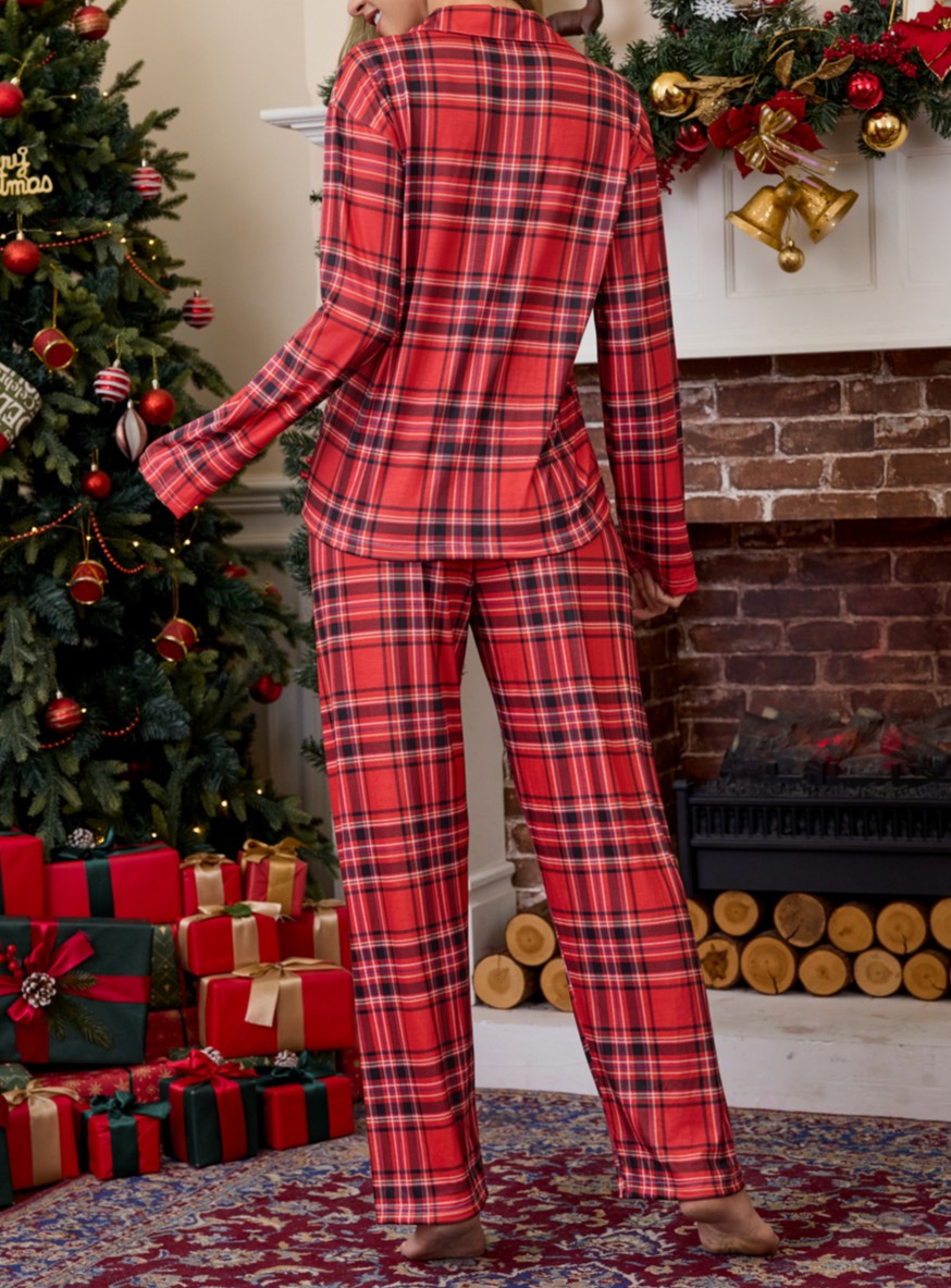 Tartan Plaid Long Sleeve Pajama Set - Red - 2