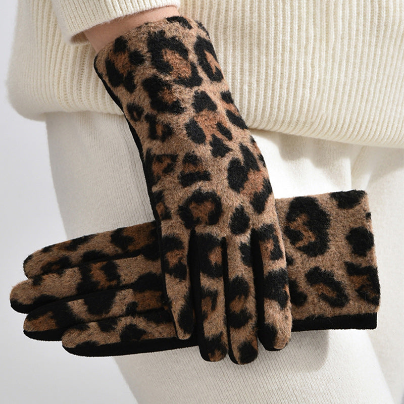 Brushed Leopard Print Full Finger Winter Gloves - Khaki