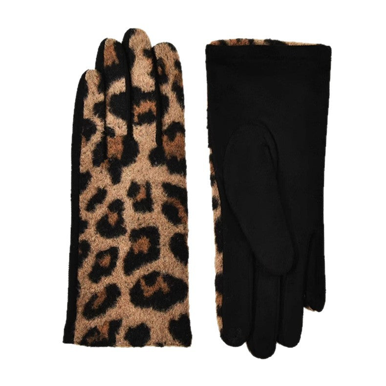 Brushed Leopard Print Full Finger Winter Gloves - Khaki - 1