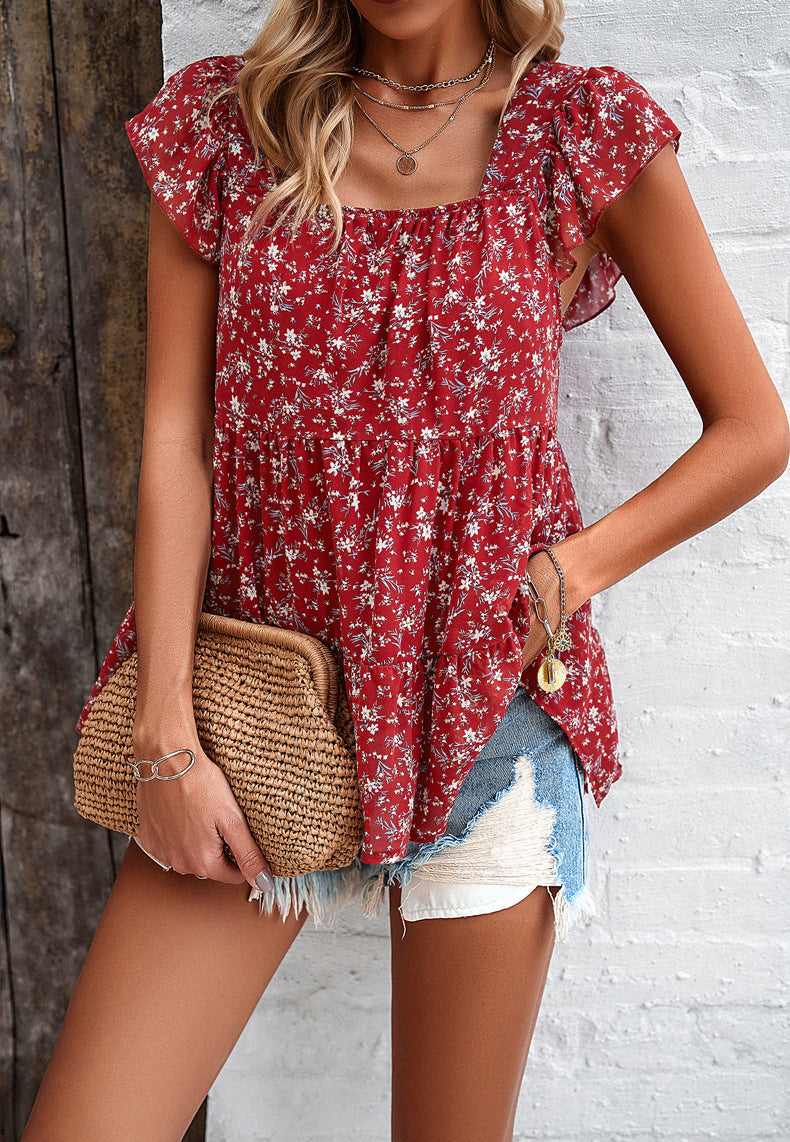 Square Neck Ruffle Sleeve Ditsy Floral Blouse - Red - 1