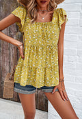 Square Neck Ruffle Sleeve Ditsy Floral Blouse - Yellow