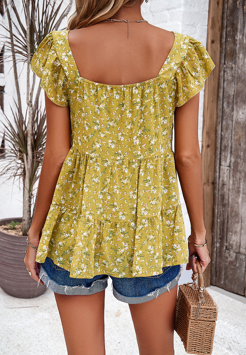 Square Neck Ruffle Sleeve Ditsy Floral Blouse - Yellow - 2