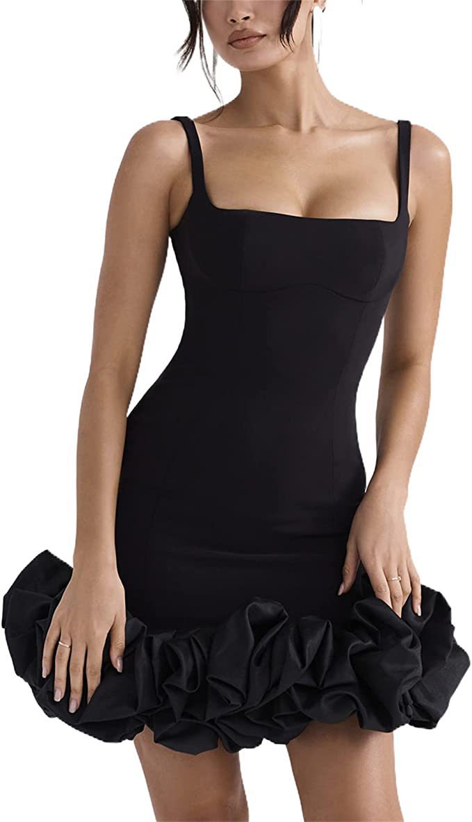 Bodycon Mini Dress With Petal Ruffle Hem - Black