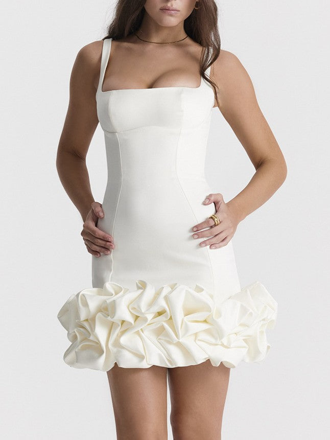 Bodycon Mini Dress With Petal Ruffle Hem - White