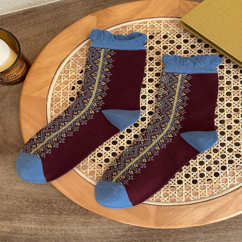 Retro Ruffle Cuff Patterned Crew Socks - Blue
