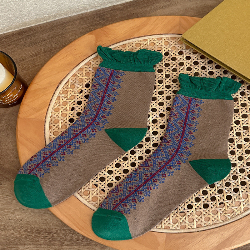 Retro Ruffle Cuff Patterned Crew Socks - Green