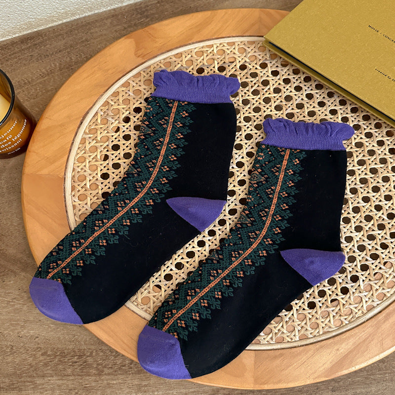 Retro Ruffle Cuff Patterned Crew Socks - Purple