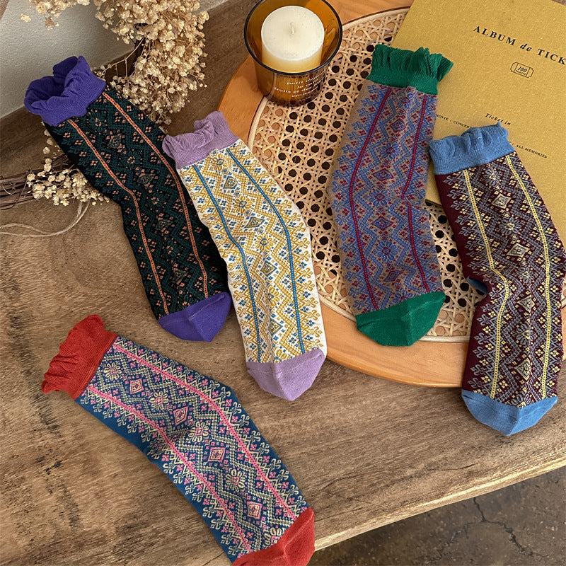Retro Ruffle Cuff Patterned Crew Socks - White