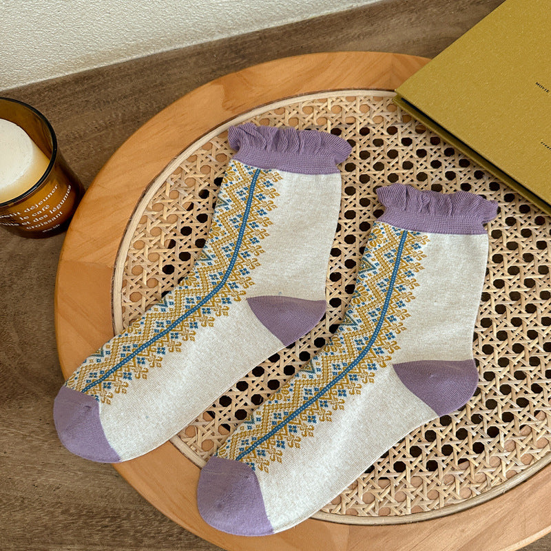 Retro Ruffle Cuff Patterned Crew Socks - White - 1
