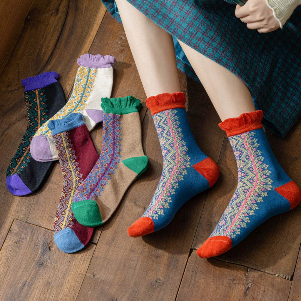 Retro Ruffle Cuff Patterned Crew Socks - White - 2
