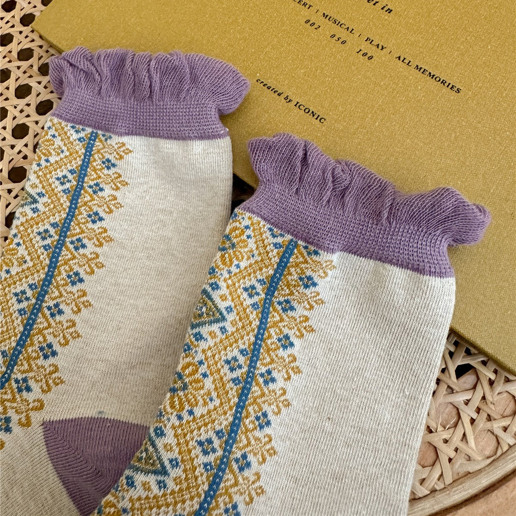 Retro Ruffle Cuff Patterned Crew Socks - White - 3