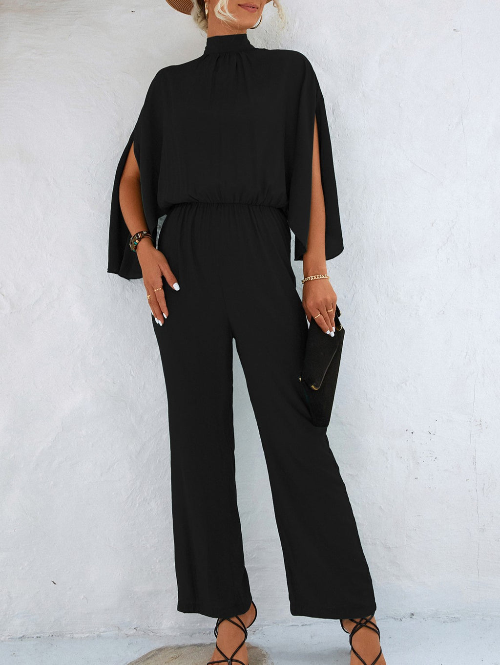 Split Sleeve High Neck Wide Leg Jumpsuit - Black