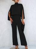 Split Sleeve High Neck Wide Leg Jumpsuit - Black