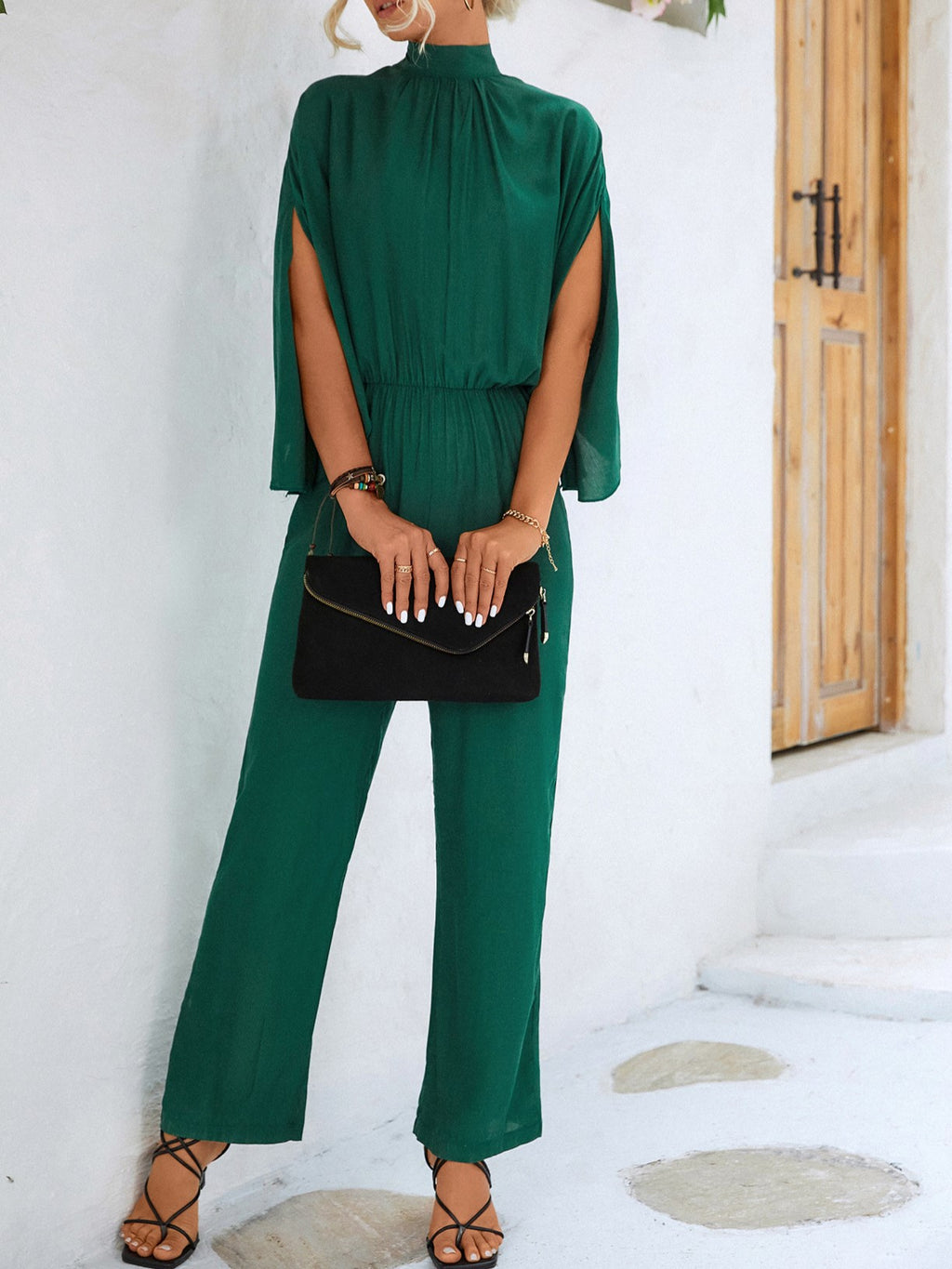 Split Sleeve High Neck Wide Leg Jumpsuit - Green