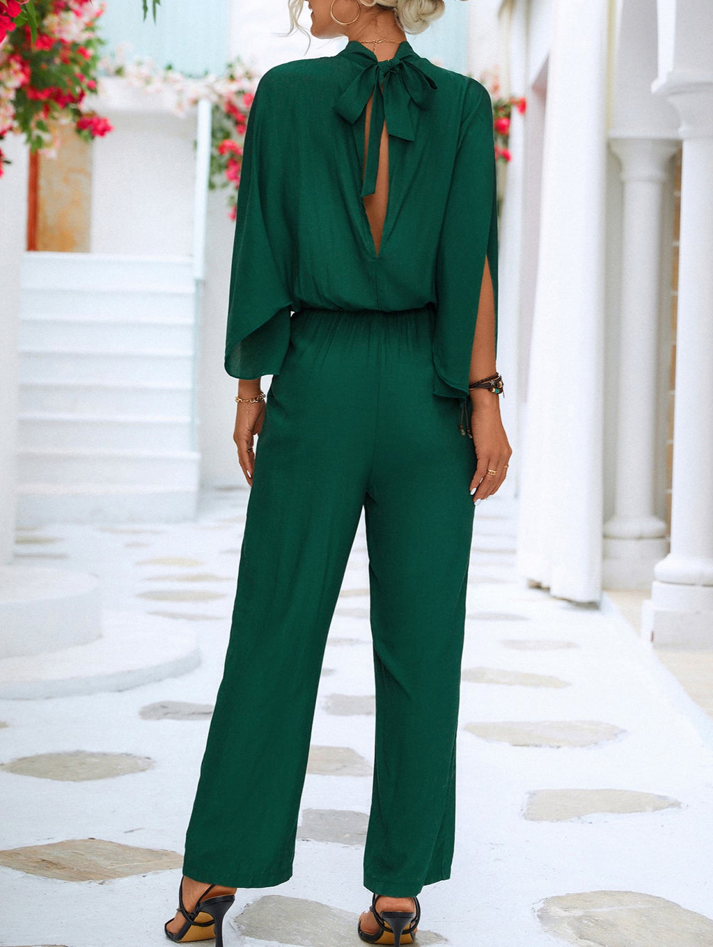 Split Sleeve High Neck Wide Leg Jumpsuit - Green - 1