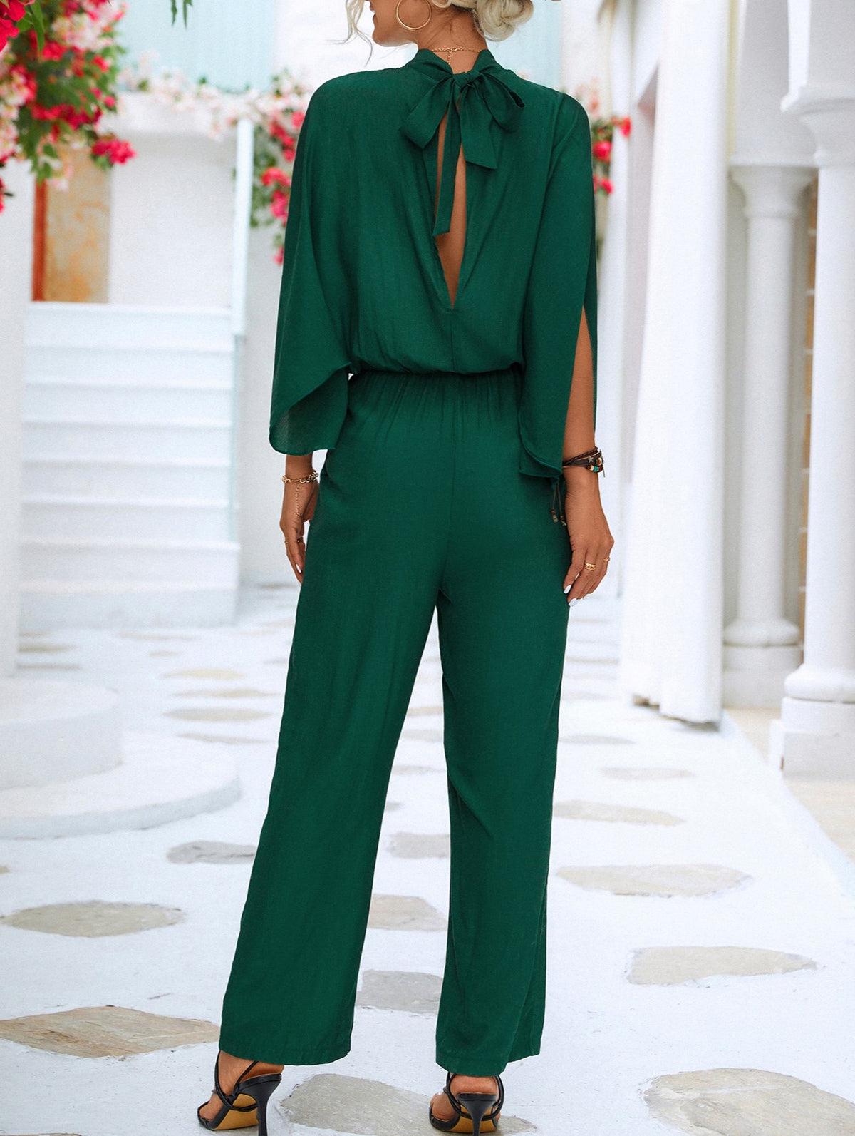 Split Sleeve High Neck Wide Leg Jumpsuit - Green - 1