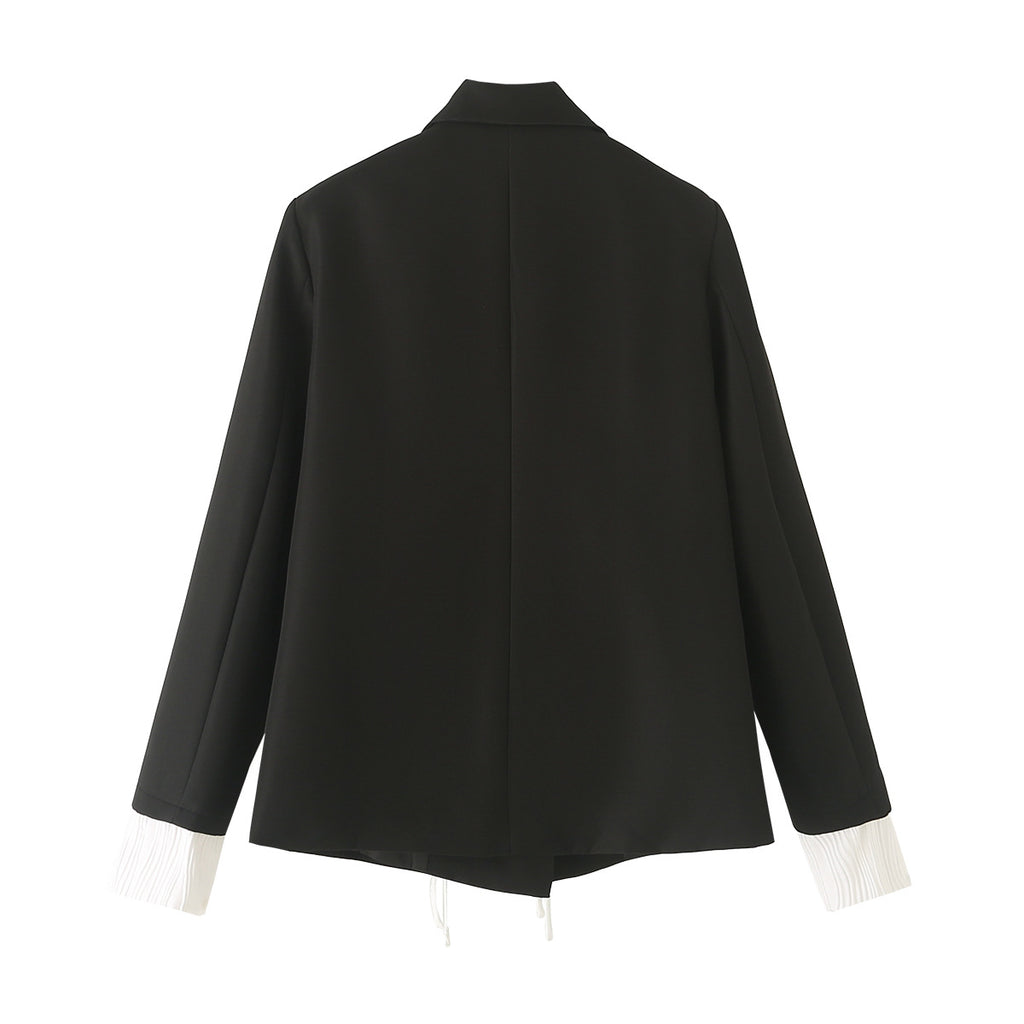 Pleated Contrast Cuff Drawstring Blazer - Black