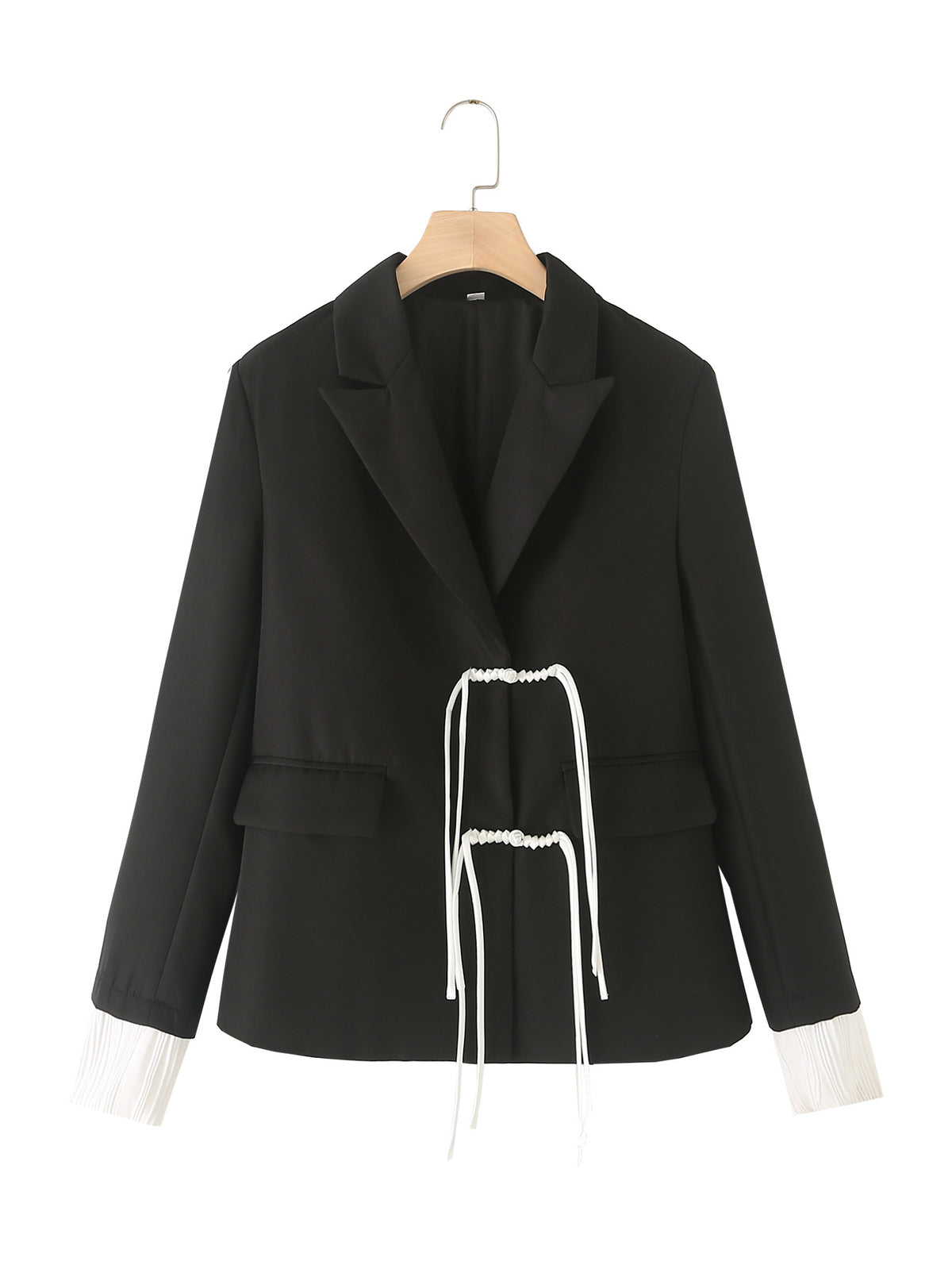 Pleated Contrast Cuff Drawstring Blazer - Black - 1