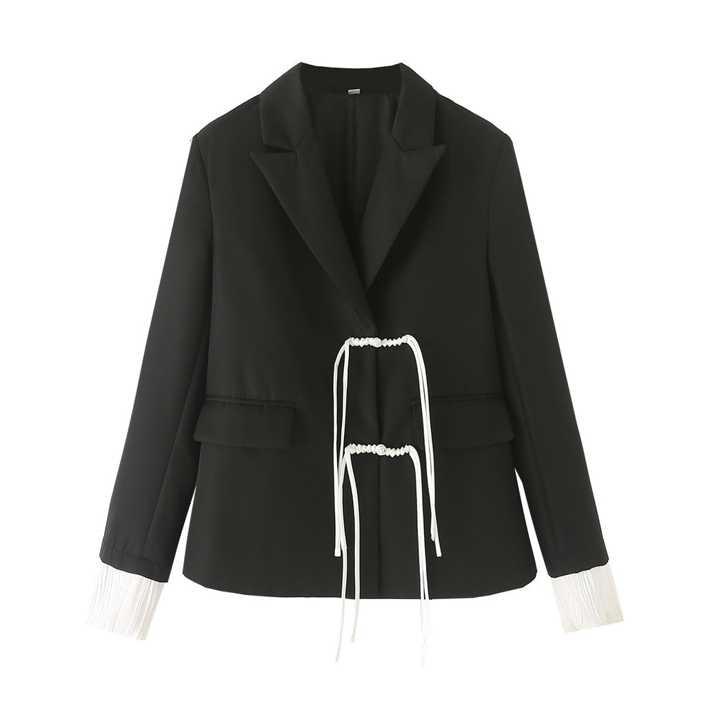 Pleated Contrast Cuff Drawstring Blazer