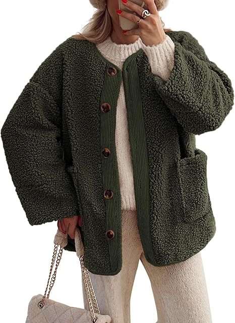 Collarless Sherpa Button Down Jacket - ArmyGreen