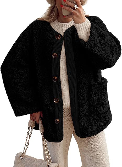 Collarless Sherpa Button Down Jacket - Black