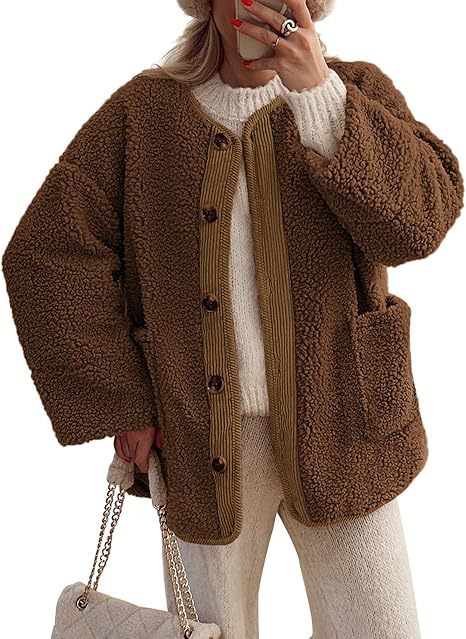 Collarless Sherpa Button Down Jacket - Brown