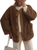 Collarless Sherpa Button Down Jacket - Brown