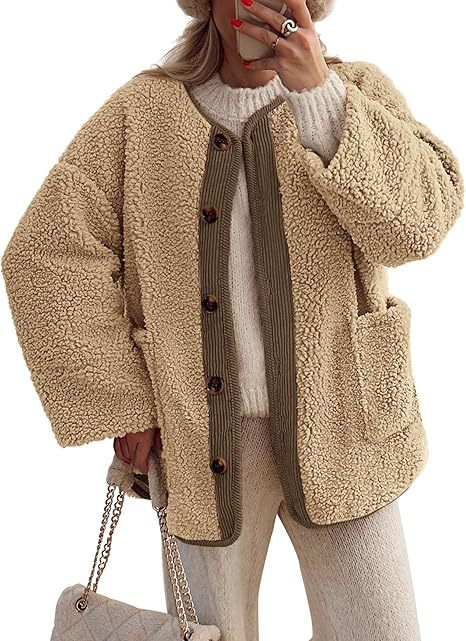 Collarless Sherpa Button Down Jacket - Khaki