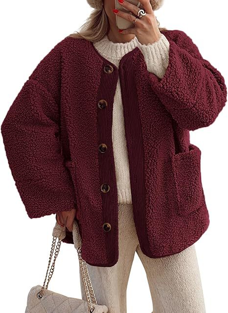 Collarless Sherpa Button Down Jacket - WineRed