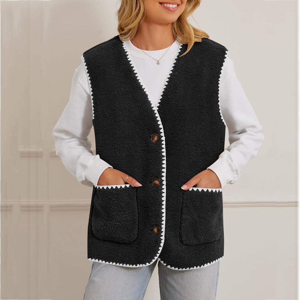 Contrast Trim Sherpa Button Up Vest - Black