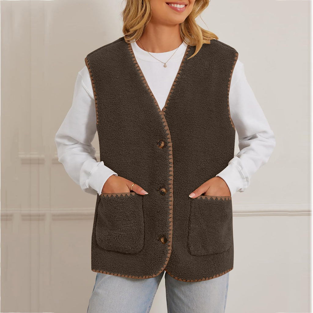 Contrast Trim Sherpa Button Up Vest - Coffee