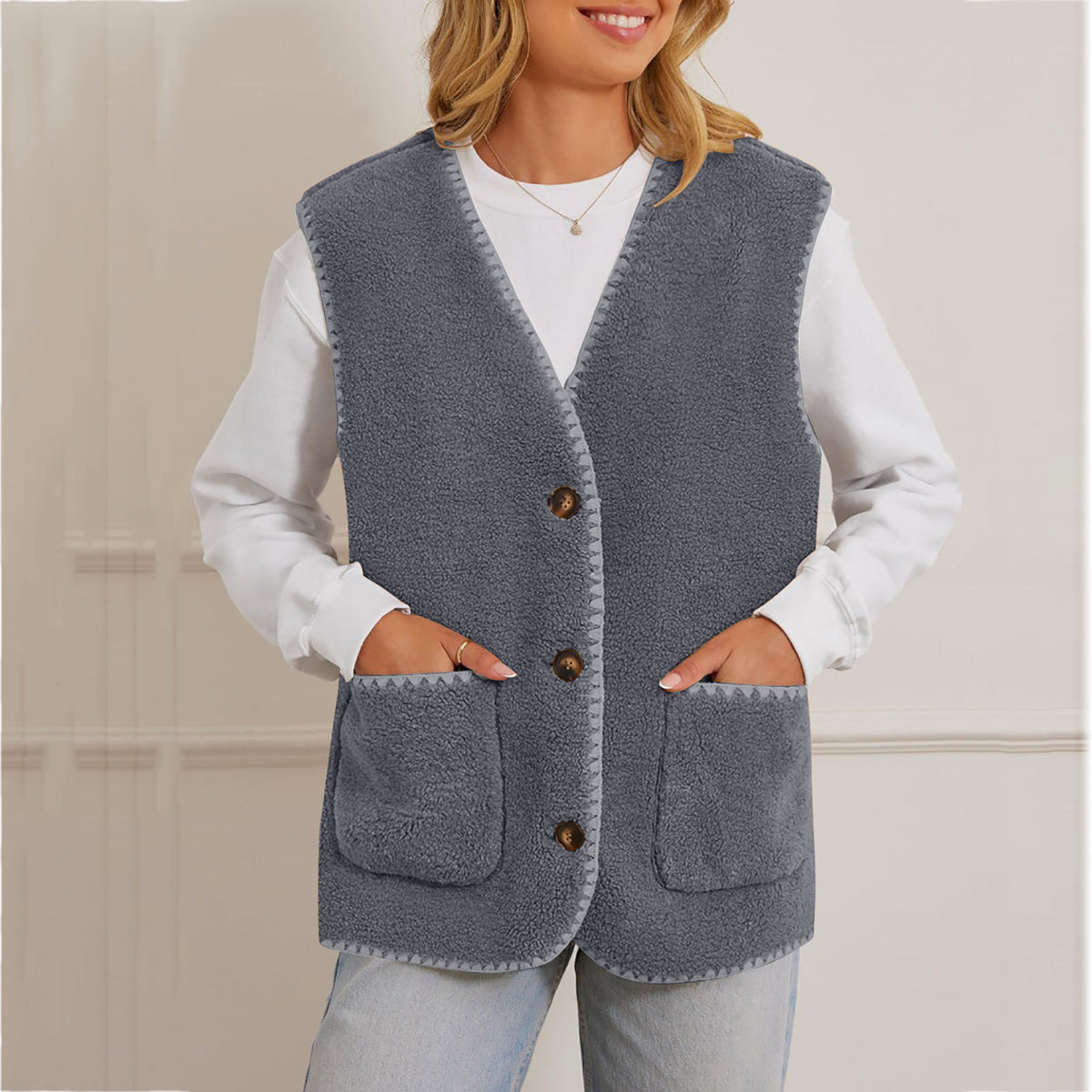 Contrast Trim Sherpa Button Up Vest - Gray