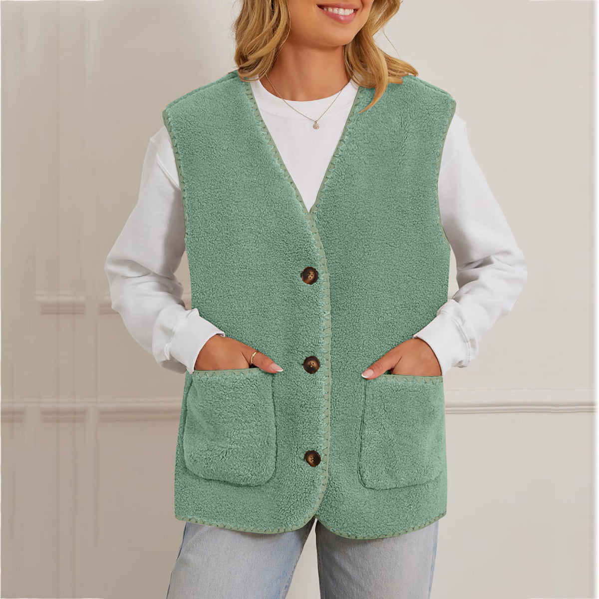 Contrast Trim Sherpa Button Up Vest - Green