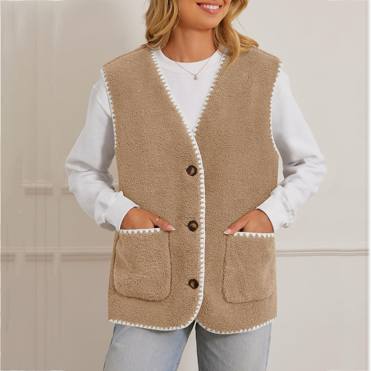 Contrast Trim Sherpa Button Up Vest - Khaki