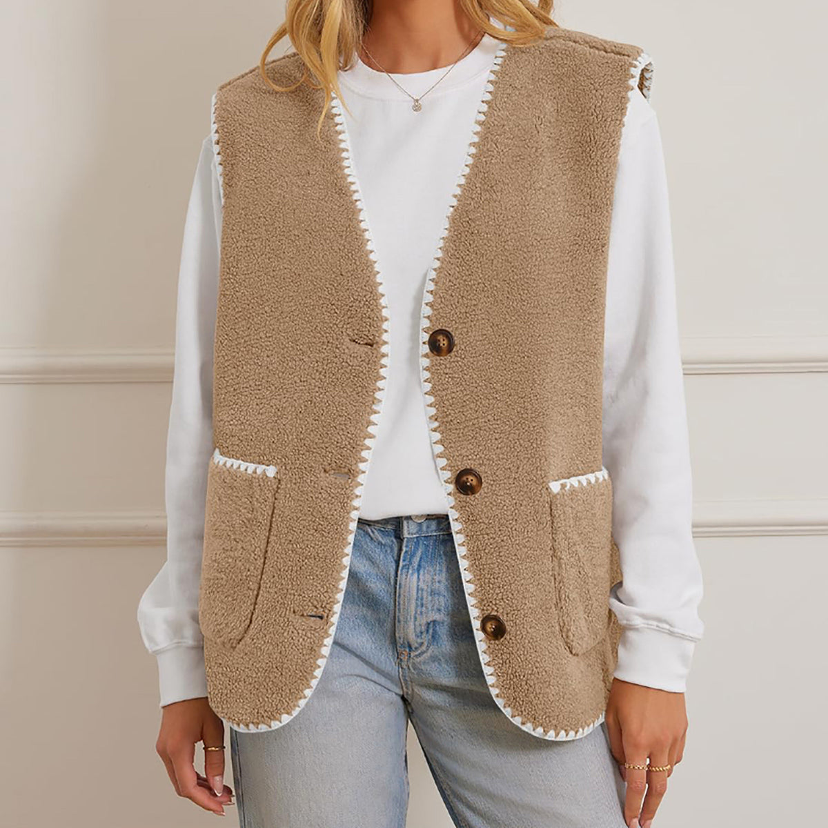 Contrast Trim Sherpa Button Up Vest