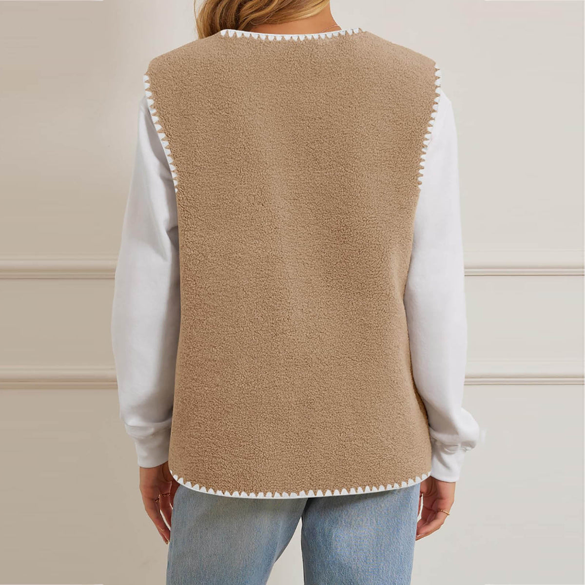 Contrast Trim Sherpa Button Up Vest - view 1