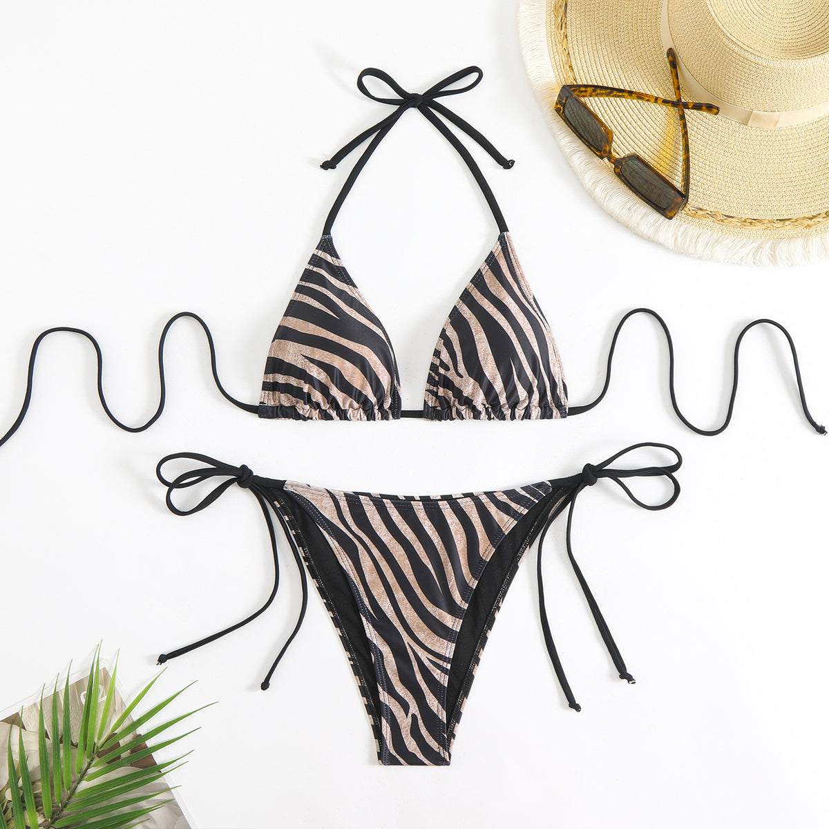 Halter Triangle Bikini Set With Tie Sides - Coffee - 1