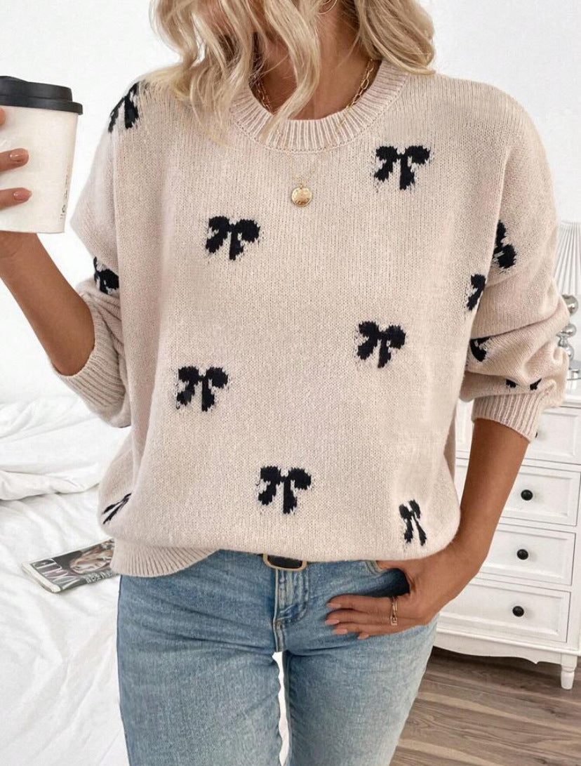 Bow Motif Drop Shoulder Knit Sweater - Pink