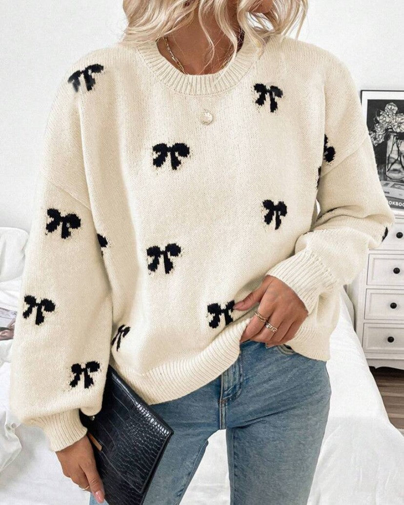 Bow Motif Drop Shoulder Knit Sweater - White
