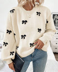 Bow Motif Drop Shoulder Knit Sweater - White