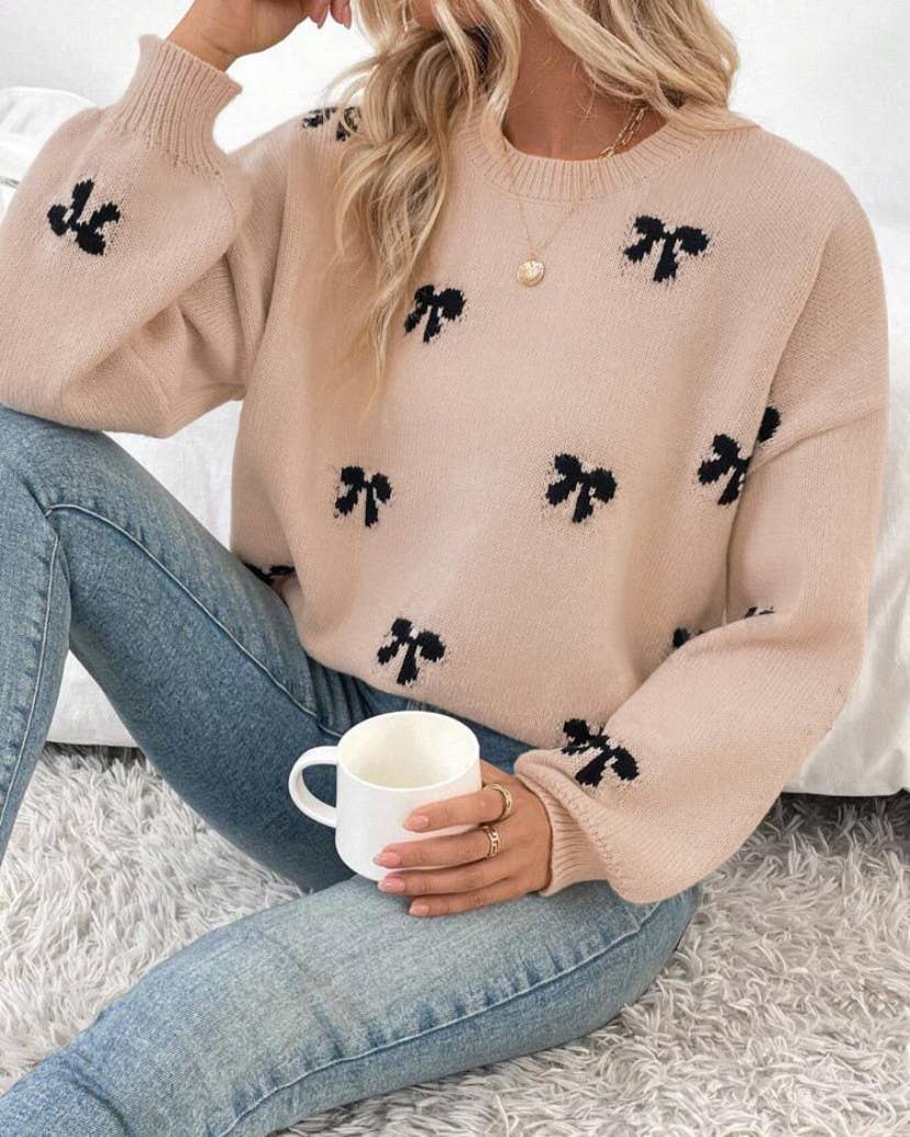 Bow Motif Drop Shoulder Knit Sweater
