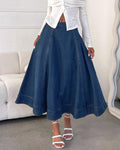 Flared Denim Midi Skirt With High Waist - Dark-Blue